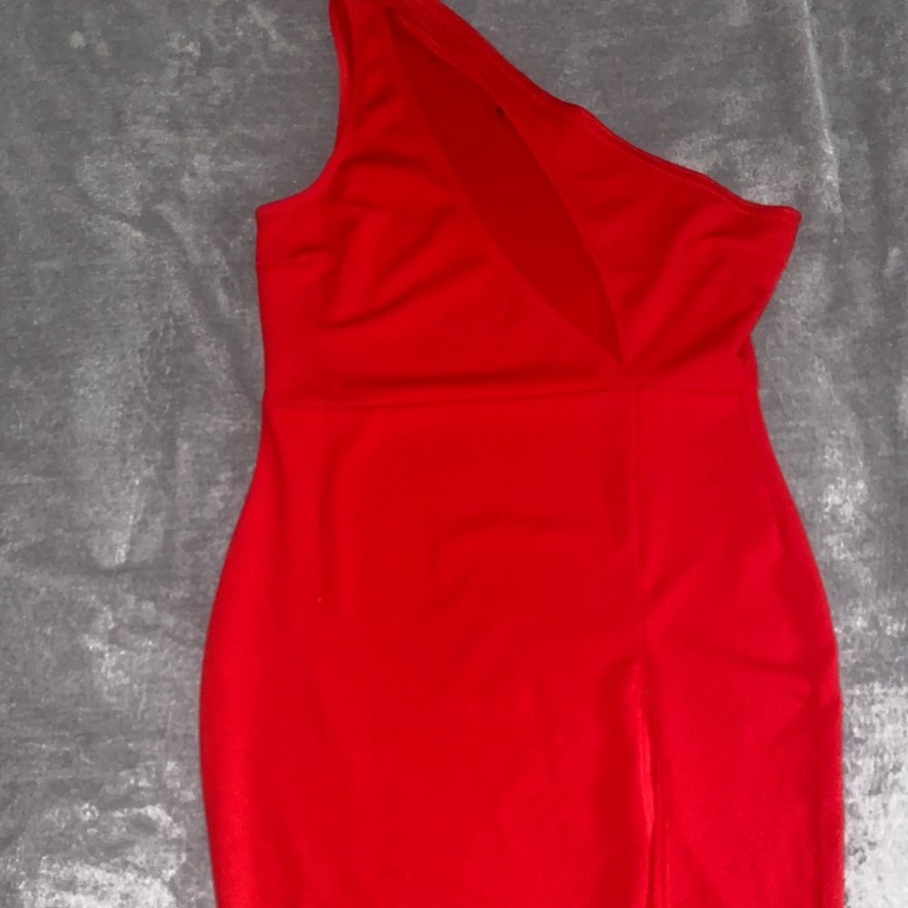 Red-One Shoulder Extreme Split BodyCon Dress - Picture 2 of 3